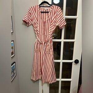 Pure Navy Red and White Striped 100% linen midi dress with button front sz 4 EUC
